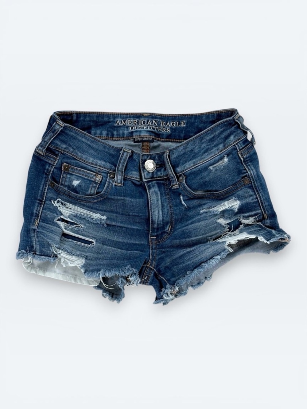 American Eagle Womens Distressed Stretch Shortie Shorts 2 Blue Denim CutOff